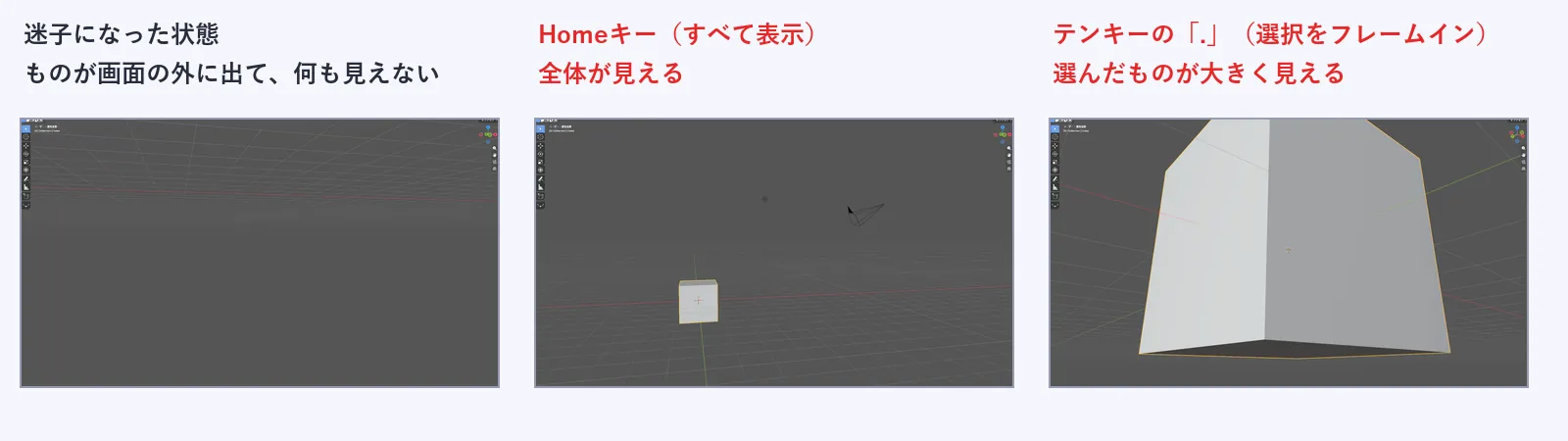 迷子になった状態から戻す3枚の画像。左は何も見えない画面、中央はHomeキーで立方体とカメラが見える画面、右はテンキーのピリオドで選んだ立方体が大きく見える画面