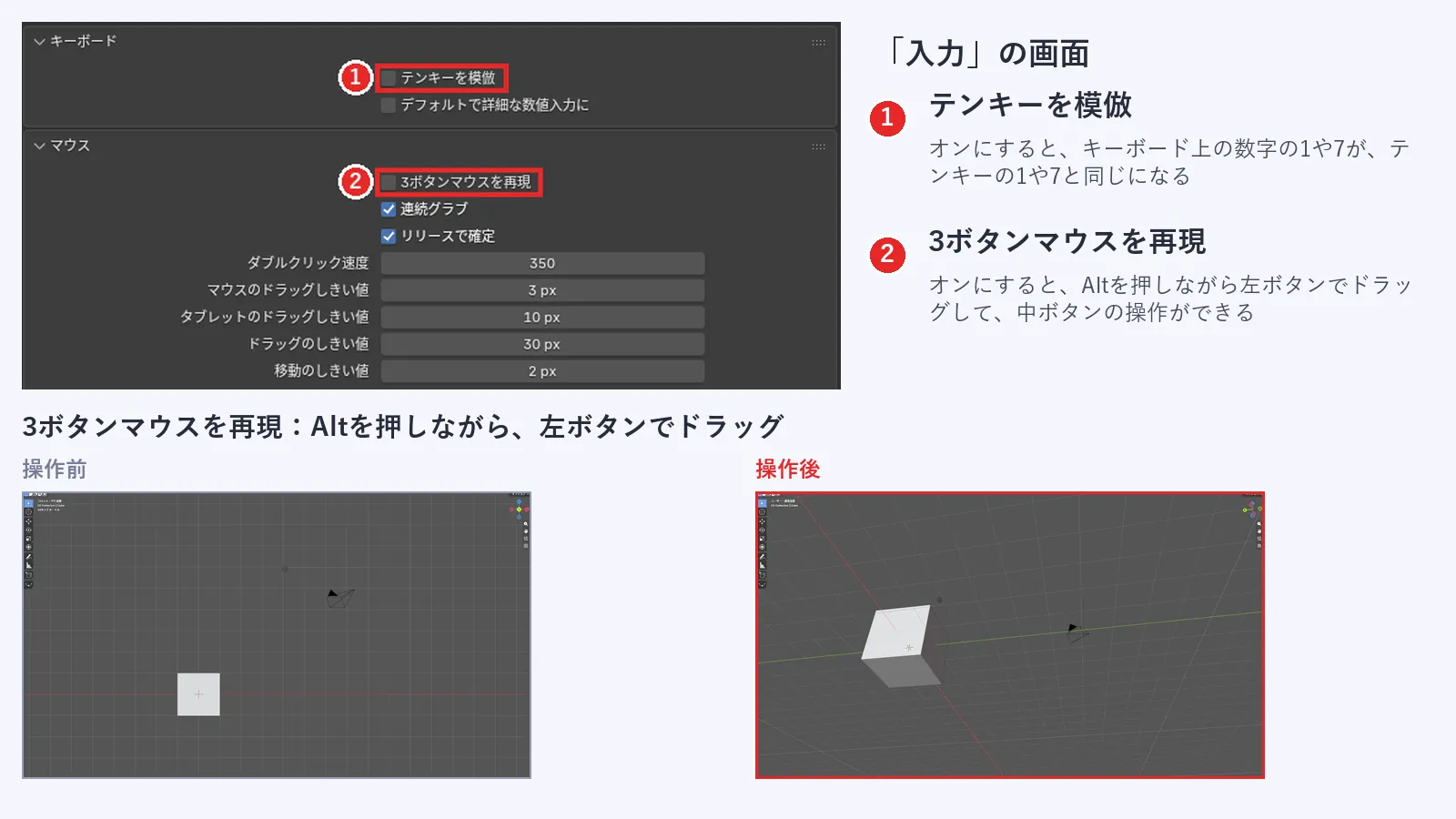 入力の設定画面と、その効果を示した画像。テンキーを模倣と3ボタンマウスを再現のチェックに赤い枠がある。下には、Altを押しながら左ボタンでドラッグする前後の画面があり、視点が回って立方体が斜めに見えている