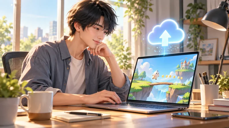ノートパソコンでブラウザゲームを公開する日本人の開発者