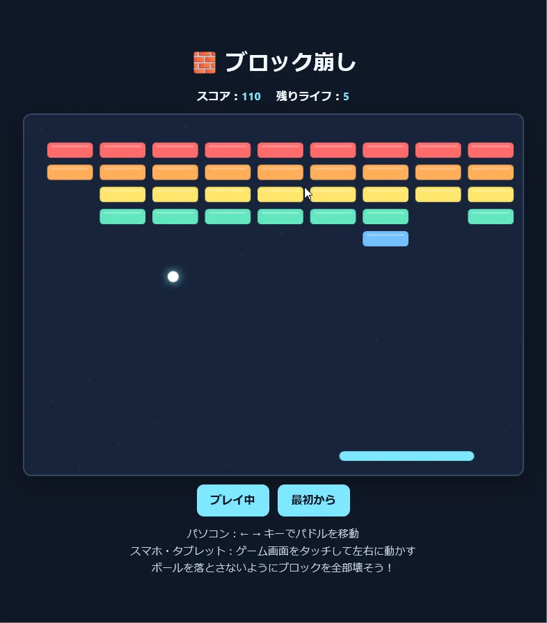 さらにやさしい版を遊んでいる画面。スコア110、残りライフ5