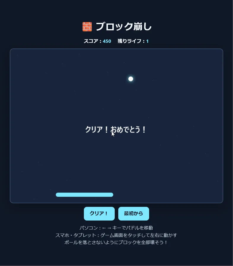 すべてのブロックを壊して「クリア」のメッセージが表示されたゲーム画面。スコア450