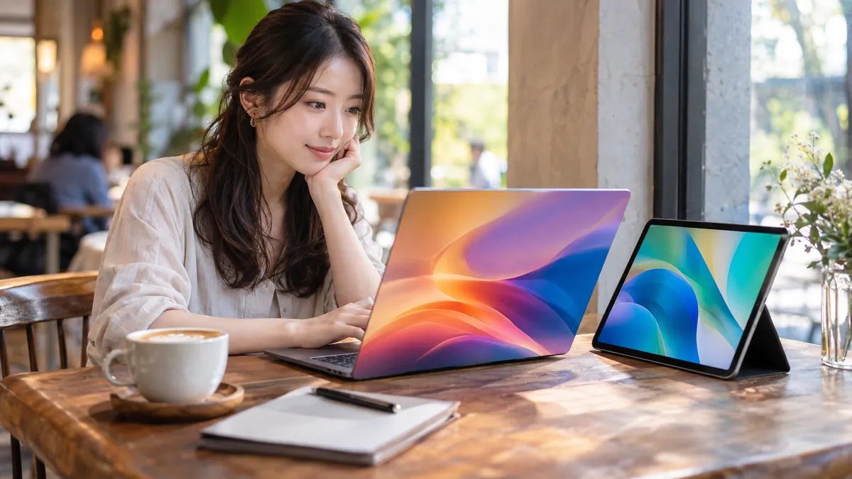 カフェのテーブルでノートパソコンとタブレットを並べて作業する日本人の女性