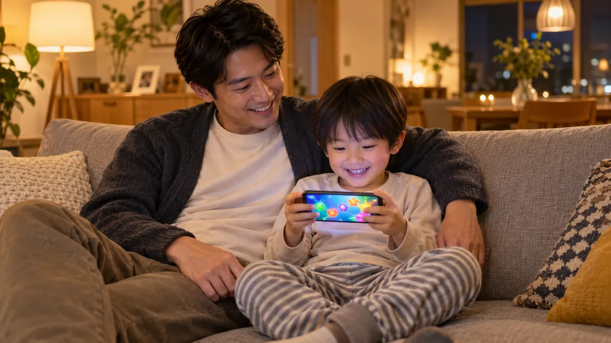 自宅のリビングで家族にスマホのゲームを遊んでもらう日本人の父親と子ども