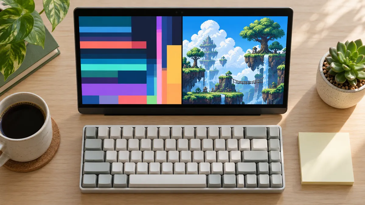 ノートパソコンの画面でコードとゲーム画面を並べて作業する机