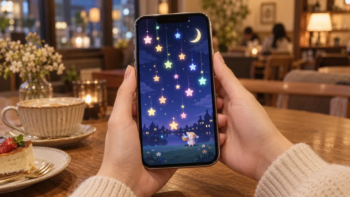 カラフルな星が落ちてくる2Dゲームを遊ぶスマートフォン