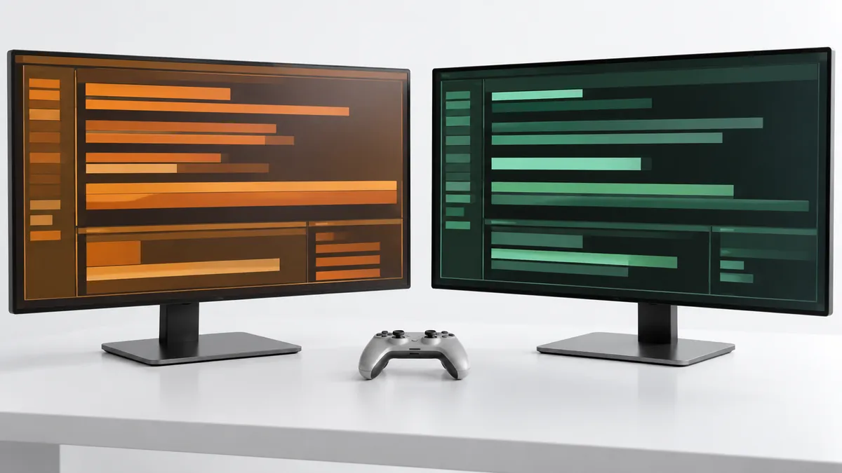 二台のモニターに異なる色合いのコードエディターが並ぶ作業机