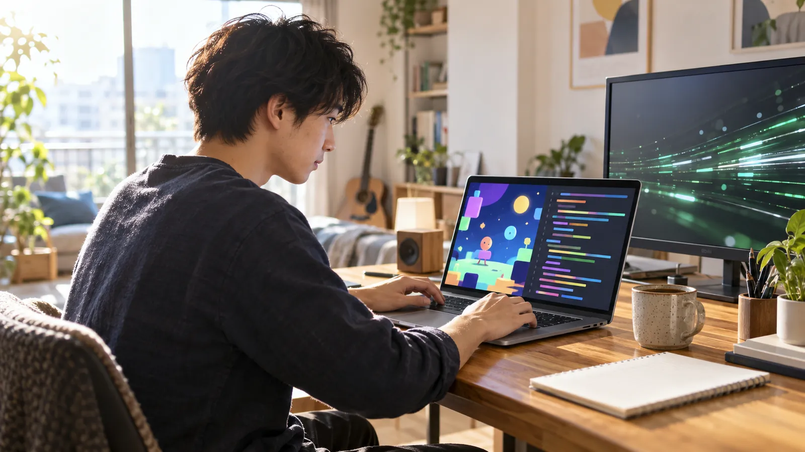 ノートパソコンでゲームを作る日本人の若い開発者と画面に映るカラフルな2Dゲーム