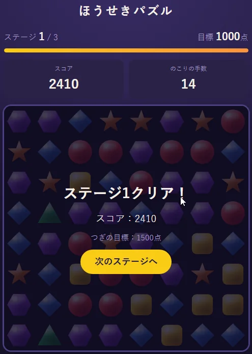 ステージ1をクリアした画面。宝石の上に暗い背景がかかり、「ステージ1クリア！」「スコア：2410」「つぎの目標：1500点」と黄色い「次のステージへ」のボタンが出ている