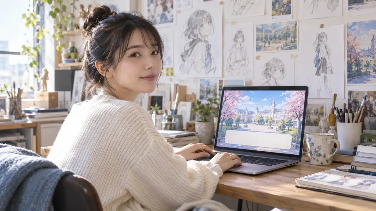 ノートパソコンでノベルゲームの画面を作り込む日本人の同人作家