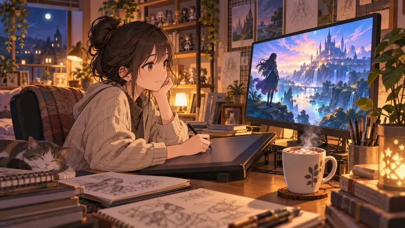 同人ゲームの制作画面を前に販売の準備をする日本人のクリエイター