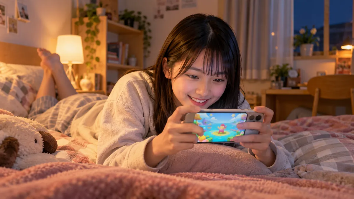 ベッドの上でスマホを横向きに持ちカラフルなゲーム画面を見る日本人の高校生