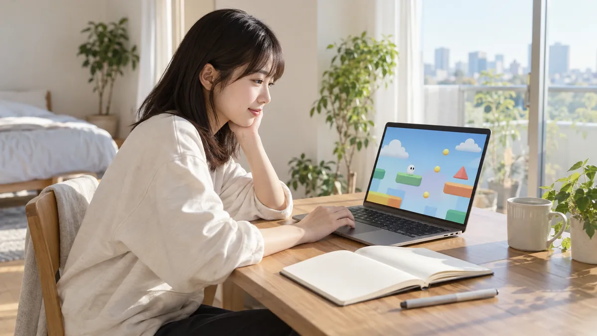 明るい部屋でノートパソコンに向かいブラウザゲームを試す日本人の大学生