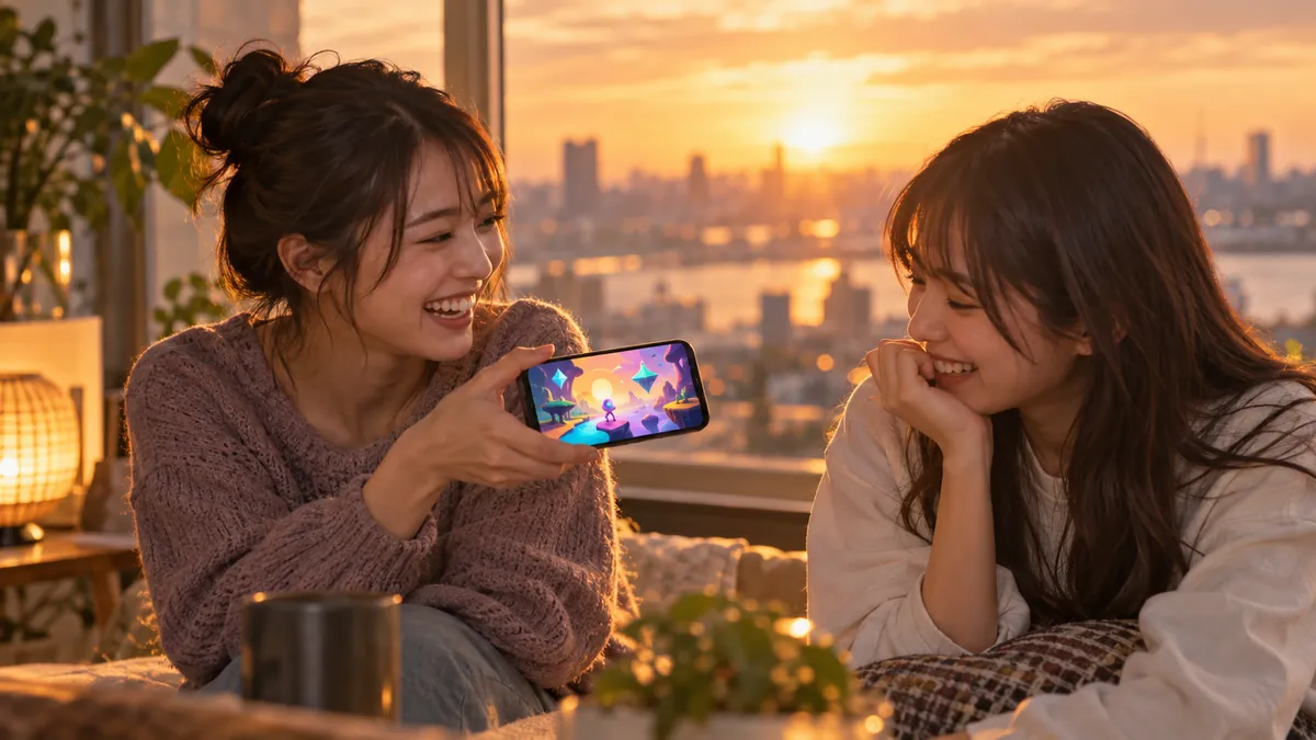 夕方の窓辺で友人とスマホを見せ合いながら笑う日本人の若者2人