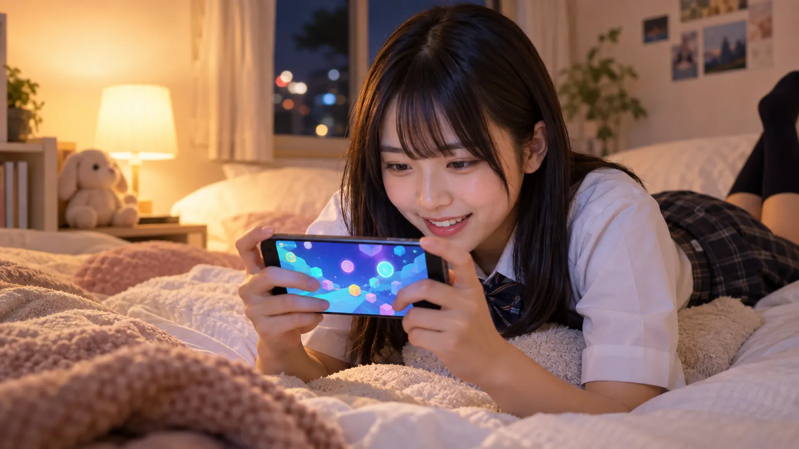 スマホでカラフルなゲームを作る日本人の若者の手元