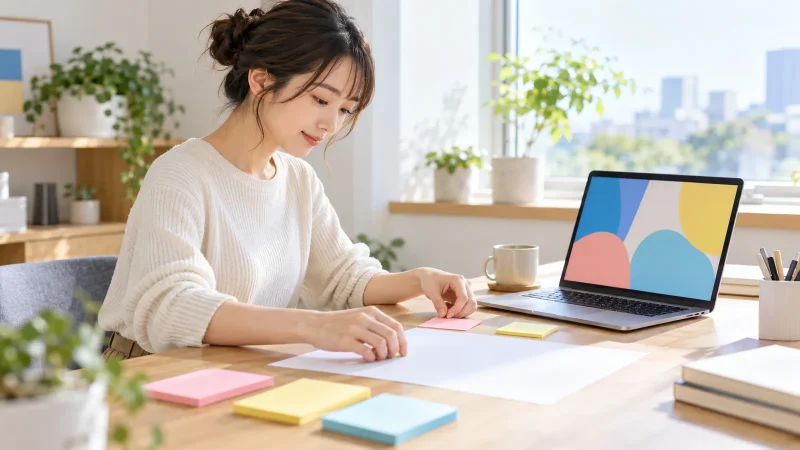 机の上でノートパソコンと企画書の用紙を並べてゲームの設計をまとめる日本人の若い女性
