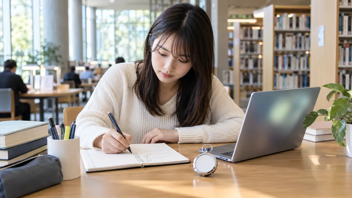 ノートに制約の項目を書き出しながらノートパソコンでアイデアを考える日本人の大学生