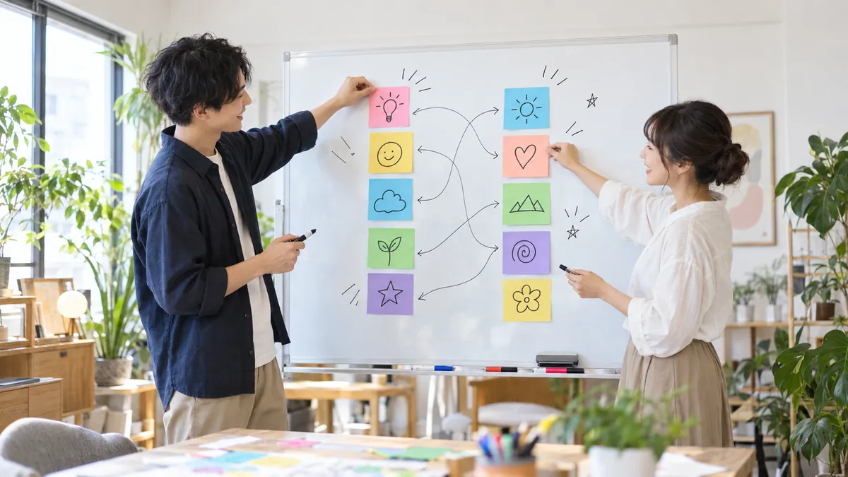 ホワイトボードに動詞と題材のカードを並べて組み合わせを考える日本人の若者たち