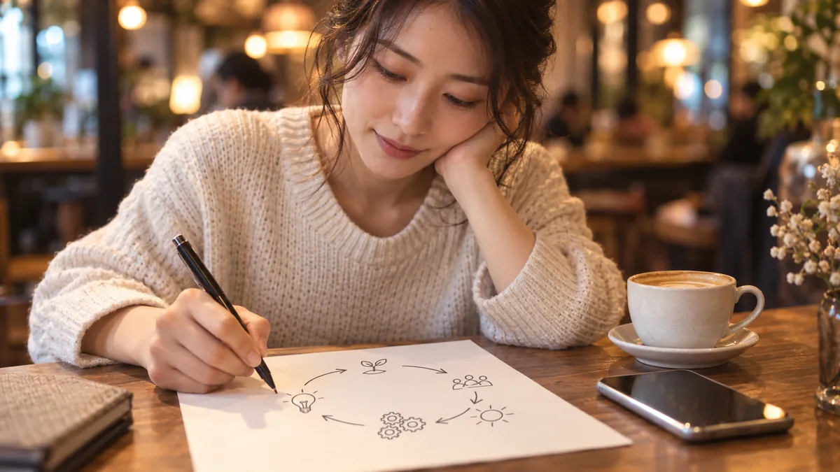 カフェのテーブルで紙に矢印の図を描いてゲームの流れを整理する日本人の女性