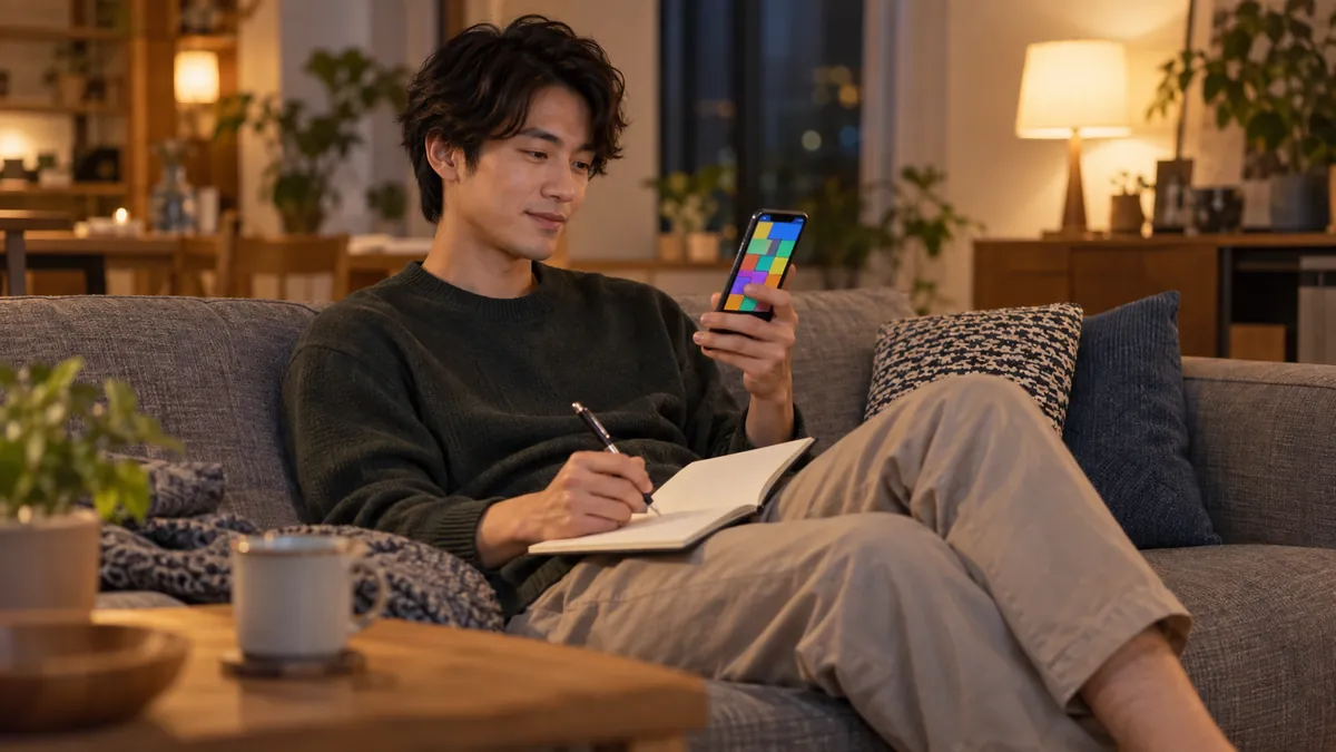 ソファでスマートフォンのシンプルなパズルゲームを遊びながらメモを取る日本人の男性