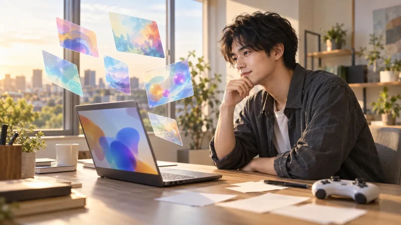 窓辺の机で頬杖をつきながらノートパソコンの画面を見てゲームの案を考える日本人の若い男性