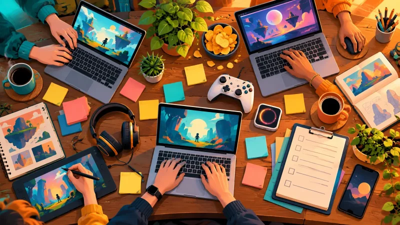 ノートパソコンと付箋とゲームコントローラーが並ぶ、ゲームジャムの作業机のイラスト