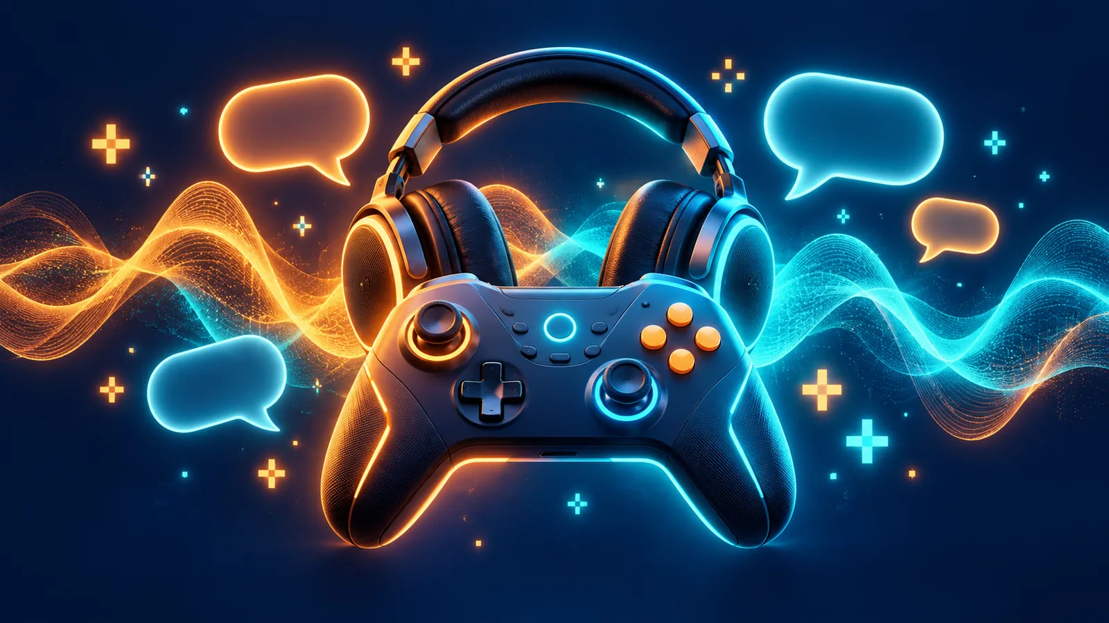 ヘッドホンとゲームパッドの上に光る音の波形と吹き出しが浮かぶイラスト
