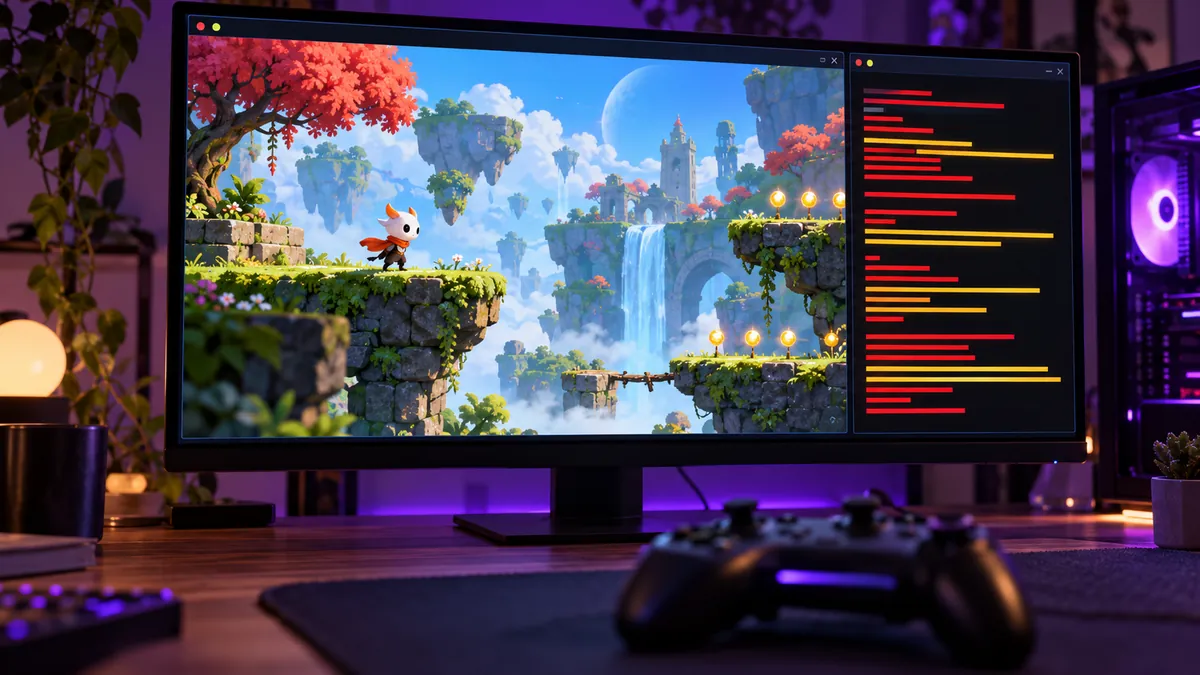 モニターに実行中の2Dゲーム画面とエラー表示のパネルが並んだ開発の画面