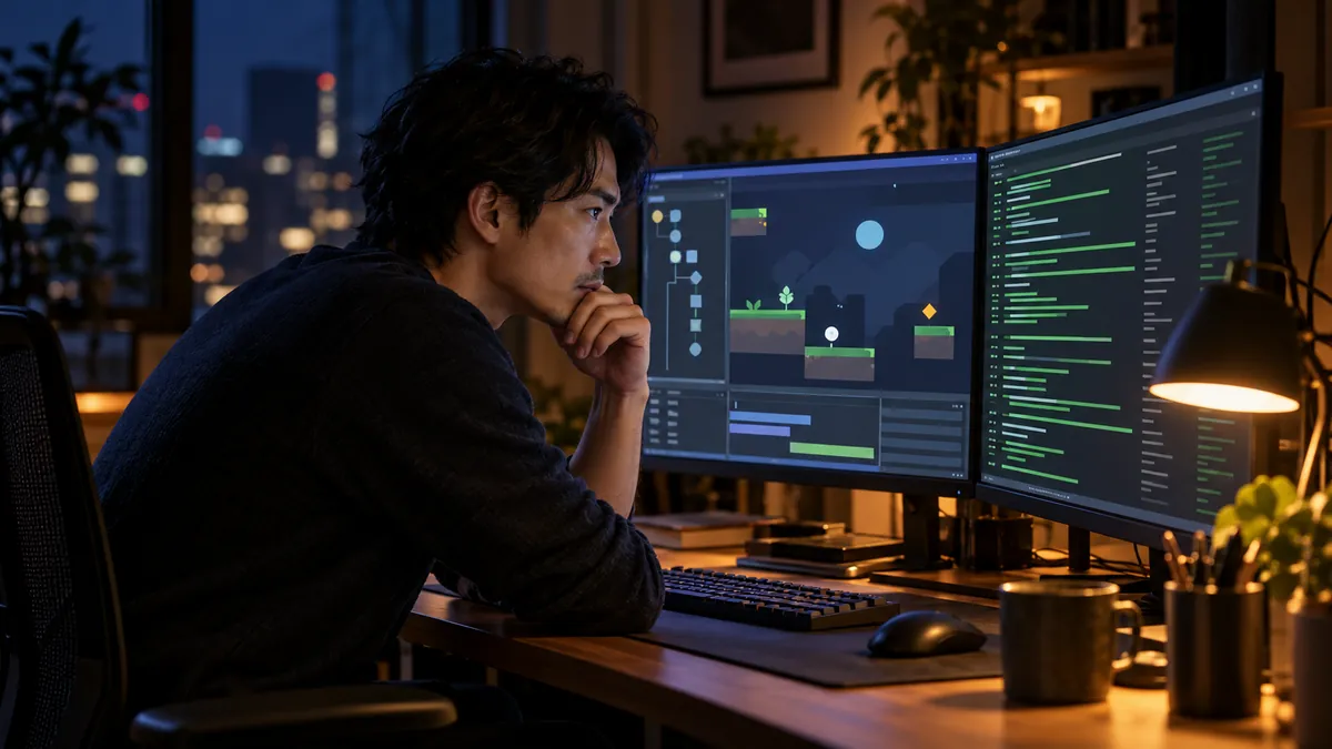 エディタの画面とターミナルが並び、AIが操作した結果が確認されているデスク