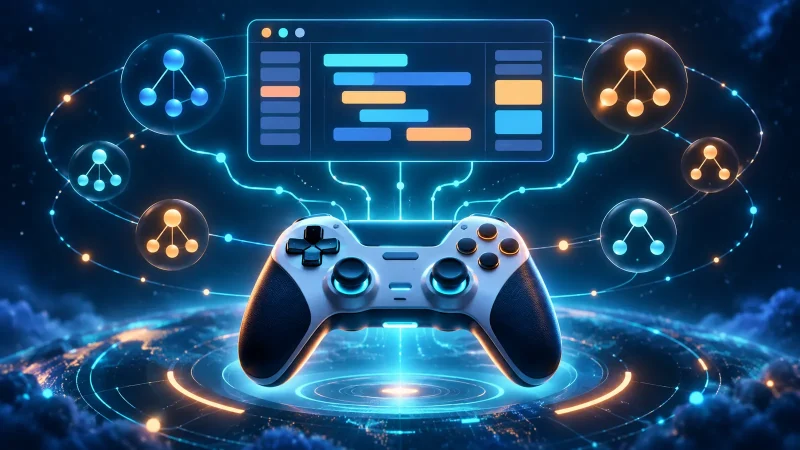 ゲームパッドと光る回路のような線に囲まれたコードエディタのイラスト