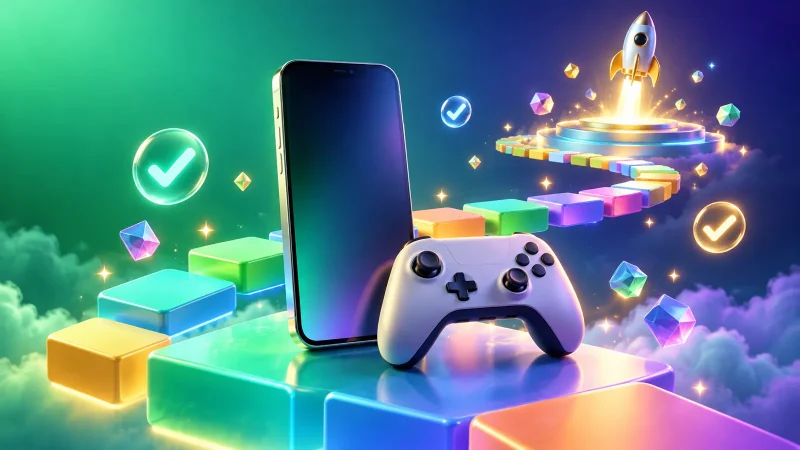 スマートフォンとゲームコントローラーの周りに公開までの工程を示すカラフルなブロックが並ぶイラスト