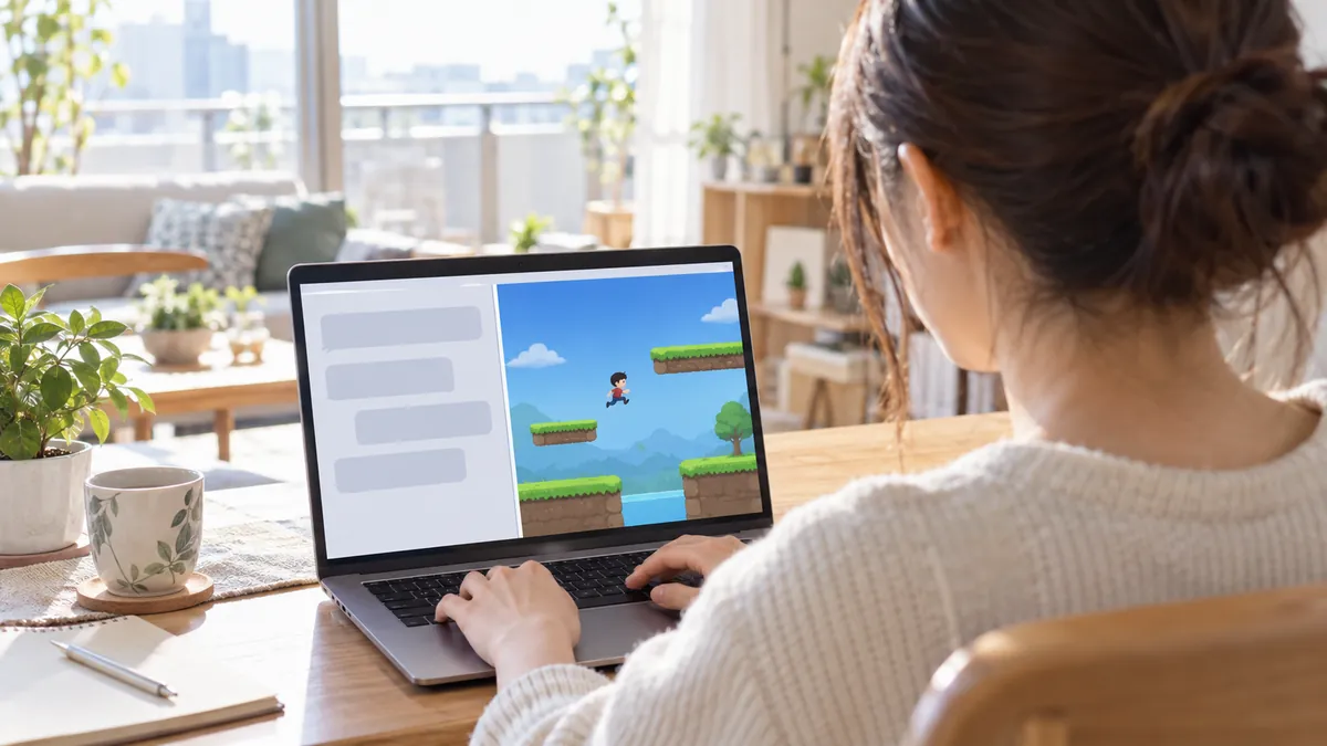 ノートパソコンに向かって文章を打ち込みながらゲームの画面を見ている日本人の若い女性