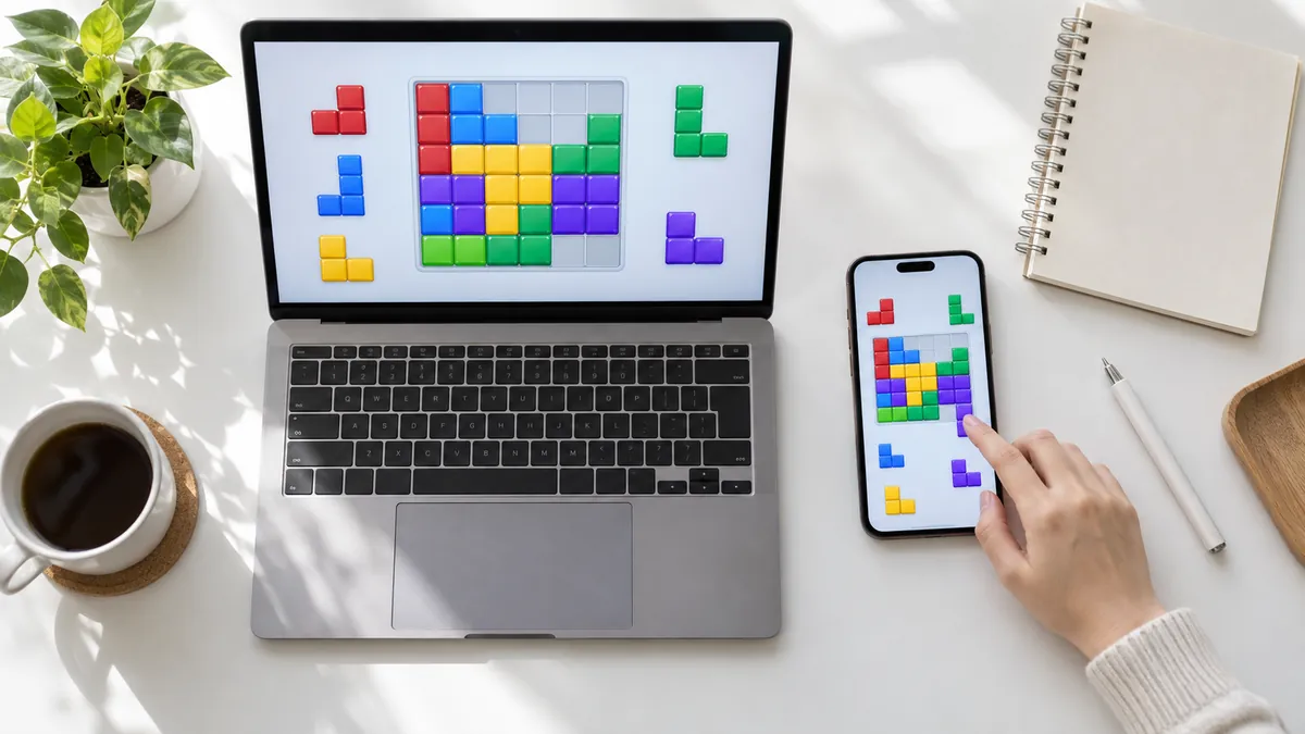 机の上のノートパソコンとスマートフォンに同じパズルゲームが映り、指で操作している手元