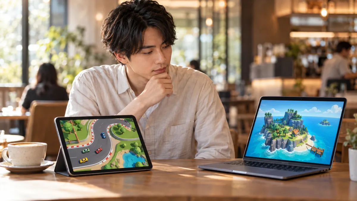 カフェのテーブルでタブレットとノートパソコンを並べて見比べている日本人の若い男性