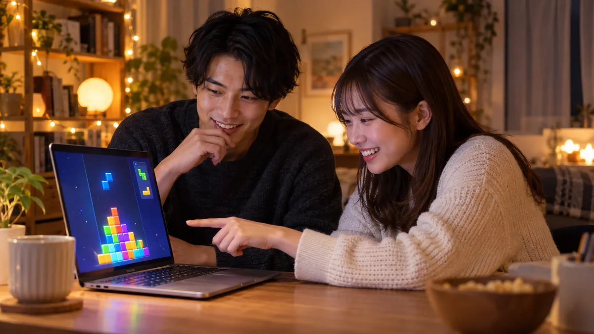 部屋の机でノートパソコンに映るゲーム画面を指さしながら相談する日本人の男女