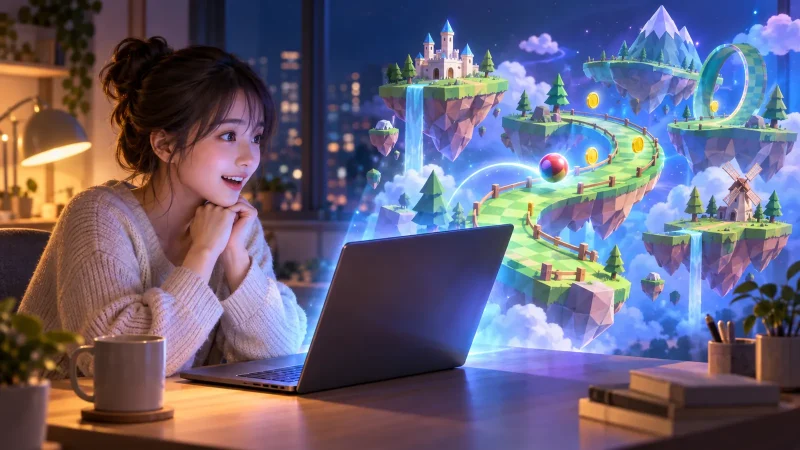 ノートパソコンの画面から色とりどりのゲームの世界が立ち上がり、それを見つめる日本人の若い女性