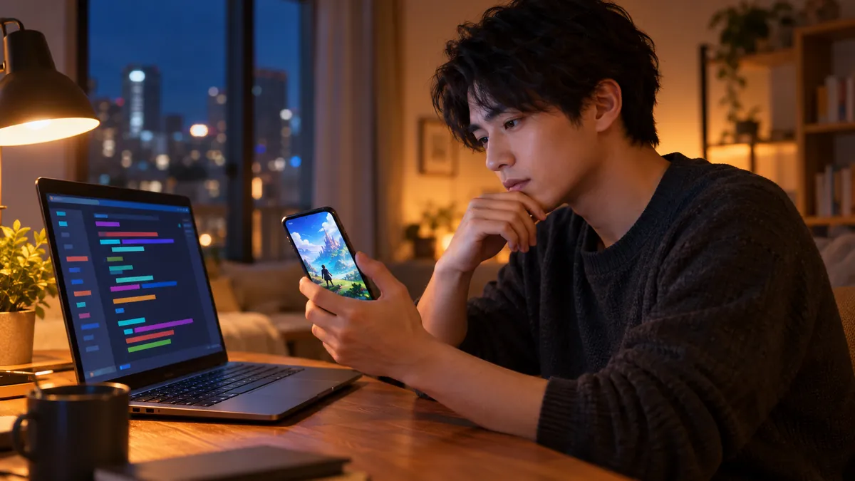 夜の机でノートパソコンのコード画面とスマホのゲーム画面を見比べる若い日本人男性