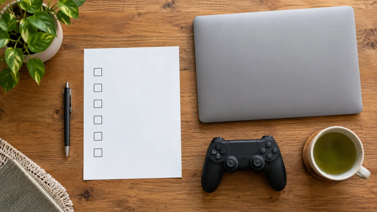 木の机に並んだチェックリストのメモとノートパソコンとゲームコントローラー