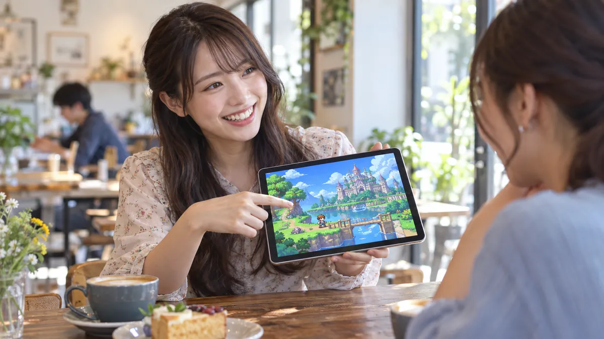 カフェでタブレットに表示したドット絵風のゲームを友人に見せる日本人女性
