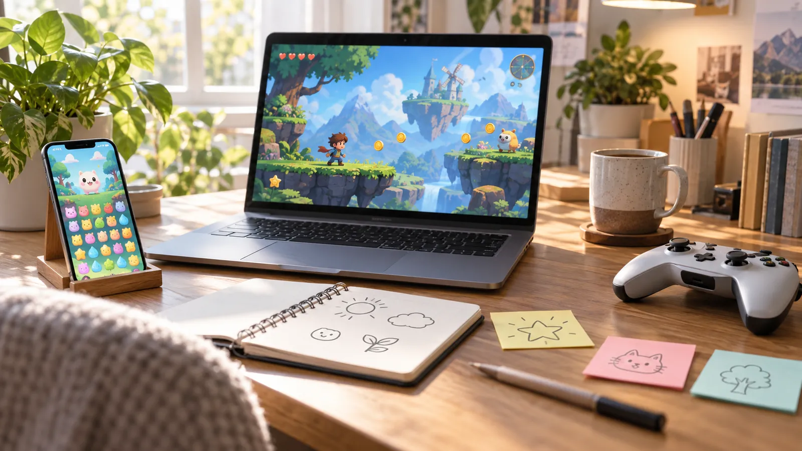ノートパソコンとスマホとゲームコントローラーが並ぶ明るい制作机
