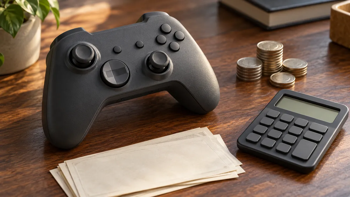 ドル札とコインと計算機が並んだ机の上のゲームパッド