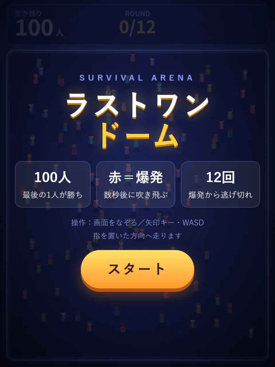 ラストワン・ドームのタイトル画面。白と金色のロゴの下に「100人」「赤＝爆発」「12回」の説明が並び、スタートボタンがある。背景には100人分の人影が立っている