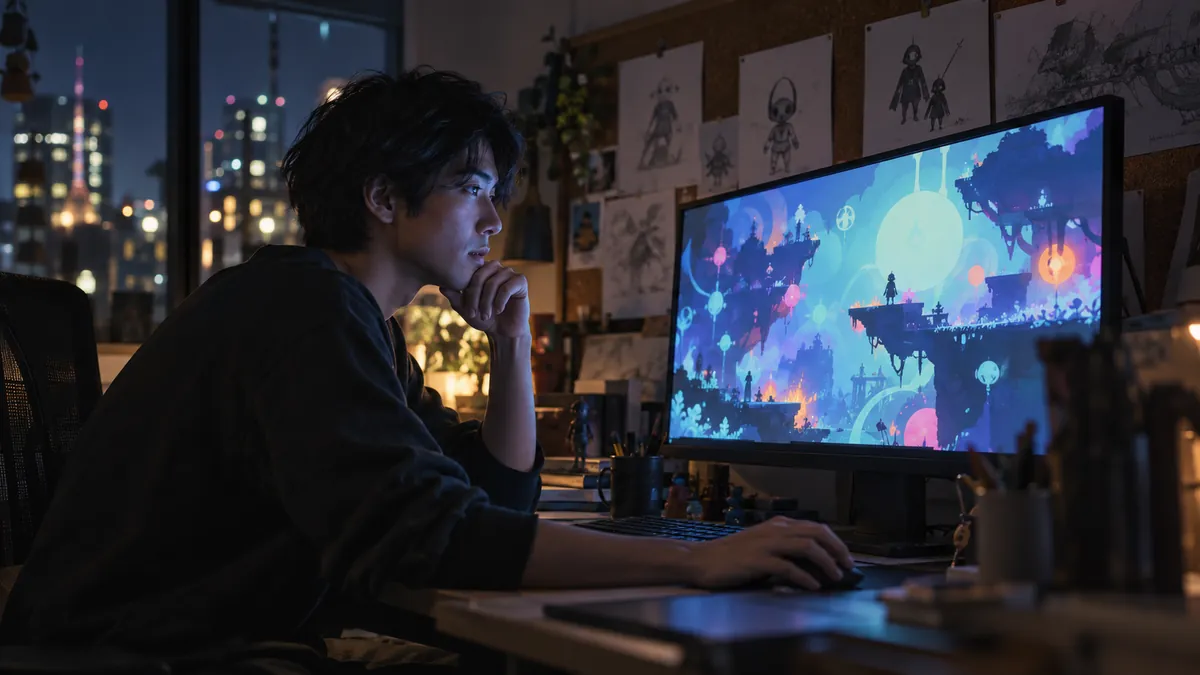 夜の部屋でモニターを見つめながら次の作品の構想を練る若い開発者