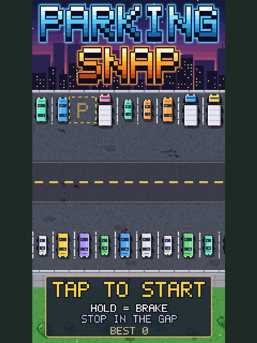 PARKING SNAPのタイトル画面。ロゴの下に駐車場と道路があり、TAP TO STARTの文字が表示されている