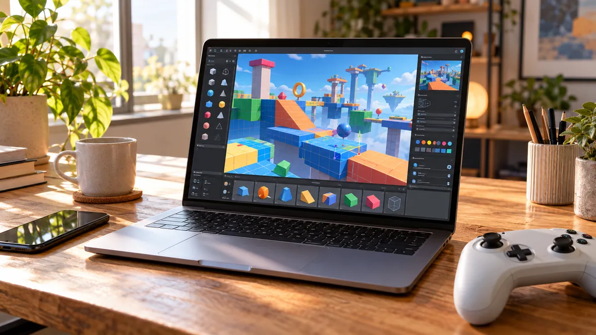 ノートパソコンの画面にブロックで組まれた3Dのコースが映り、横でスマートフォンとゲームパッドが並ぶ机