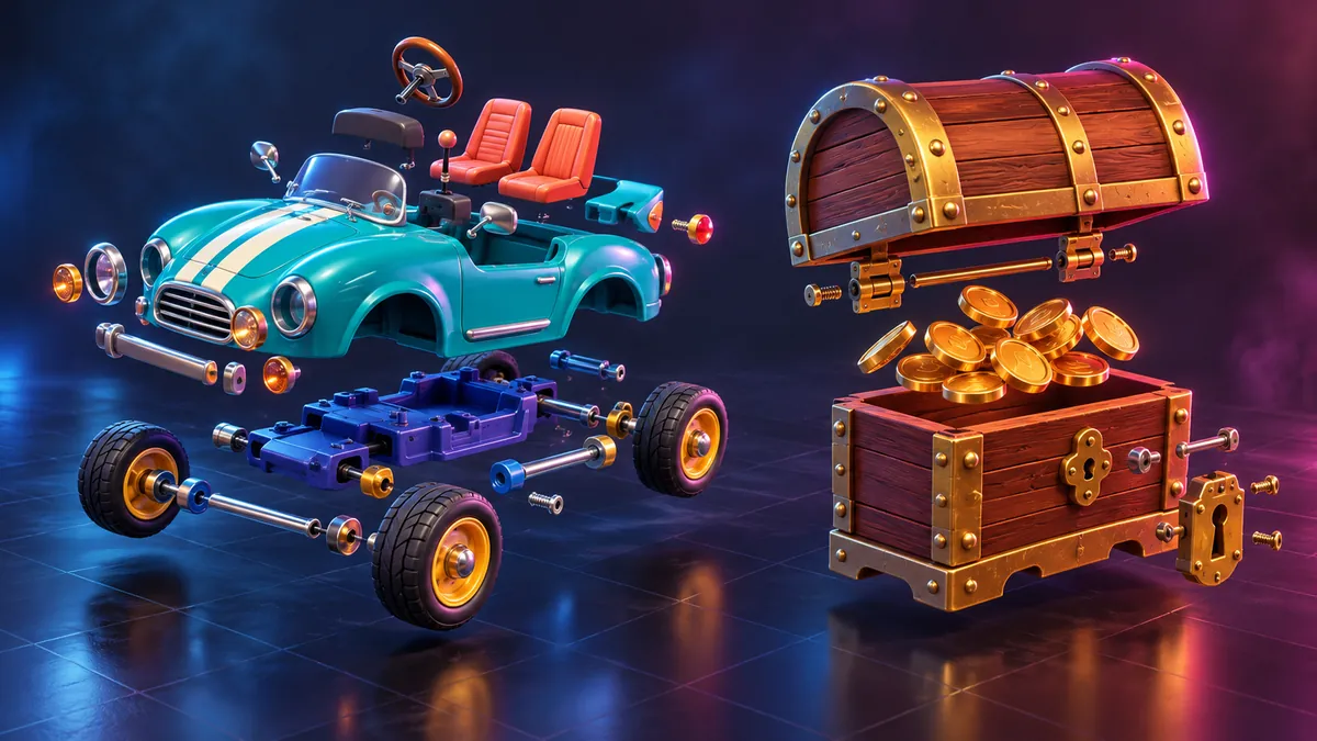3Dの車と宝箱が部品ごとに色分けされて浮かぶ、編集画面のイメージ