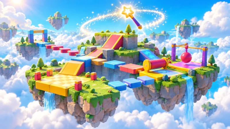 ブロックで組まれた3Dの浮島コースの上に、光る魔法の杖のような編集ツールが浮かぶイラスト