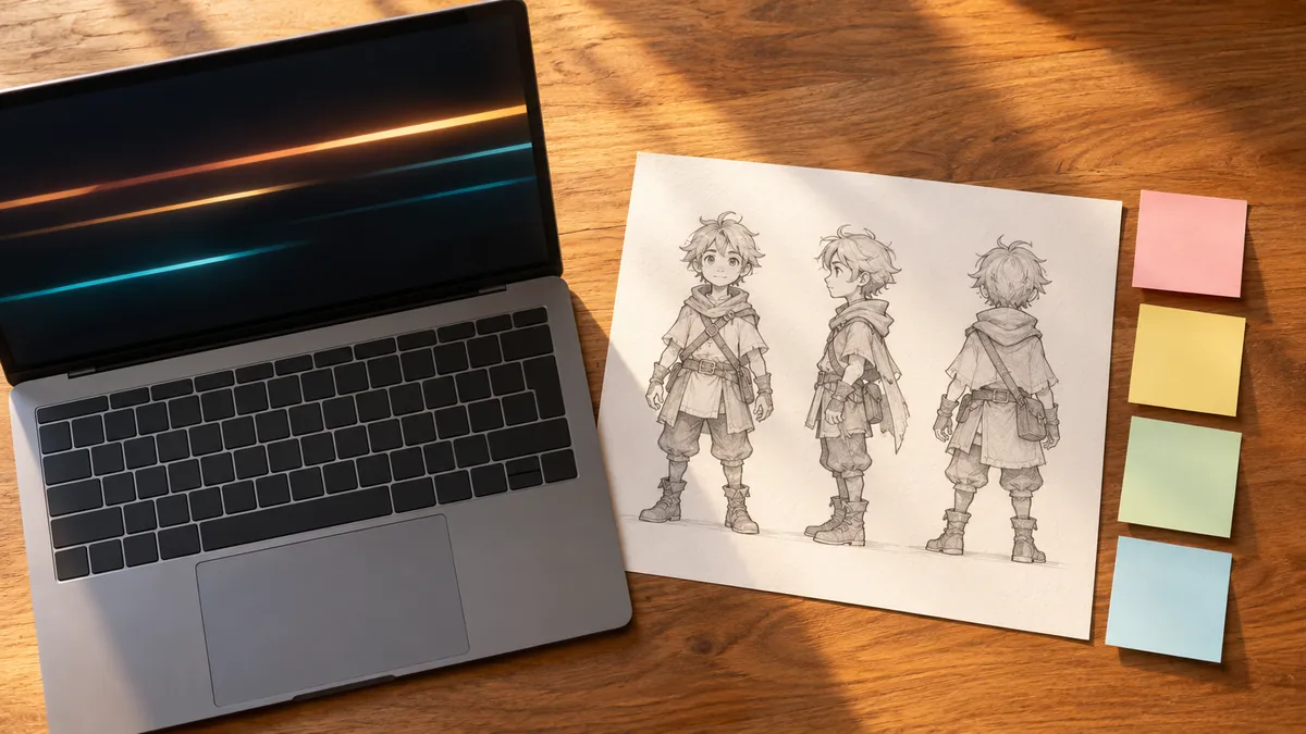 机の上でノートパソコンのコード画面とRPGのキャラクターの下絵を見比べる制作風景