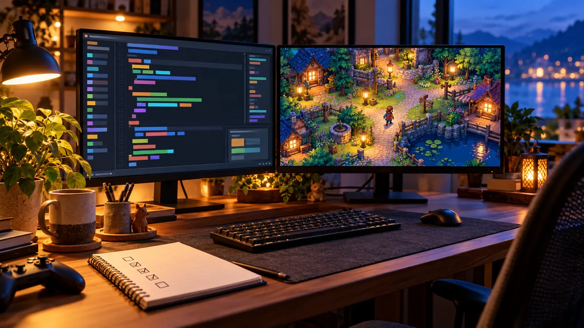 モニターにコードエディタの色分けされた画面が映り、横にゲームのテスト画面が並んでいる机