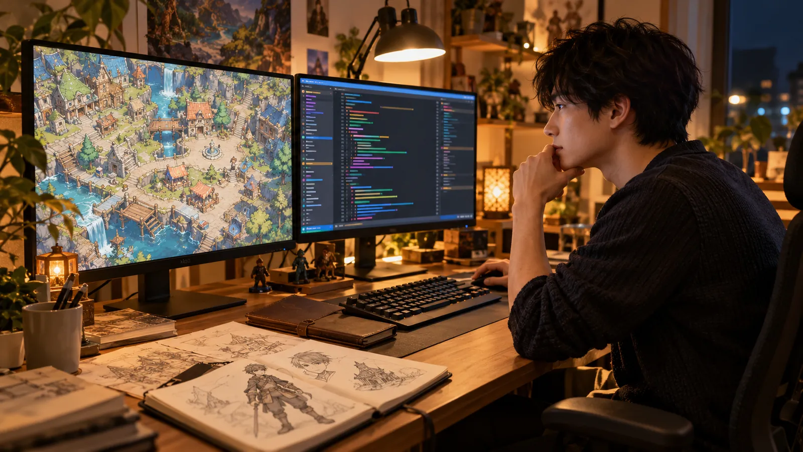 RPGの制作画面とコードエディタが並ぶパソコンの前で作業する日本人の若い男性