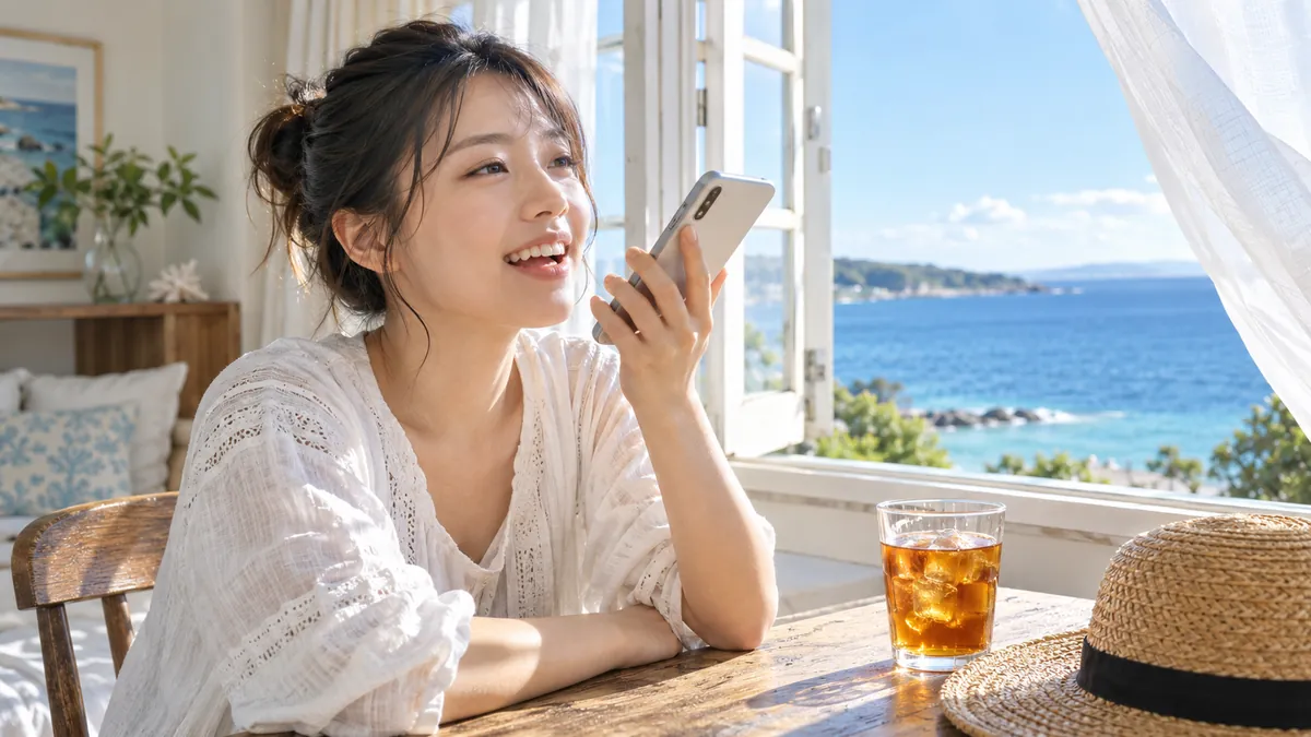 夏の島の風景を思わせる部屋でスマートフォンに話しかける日本人の女性